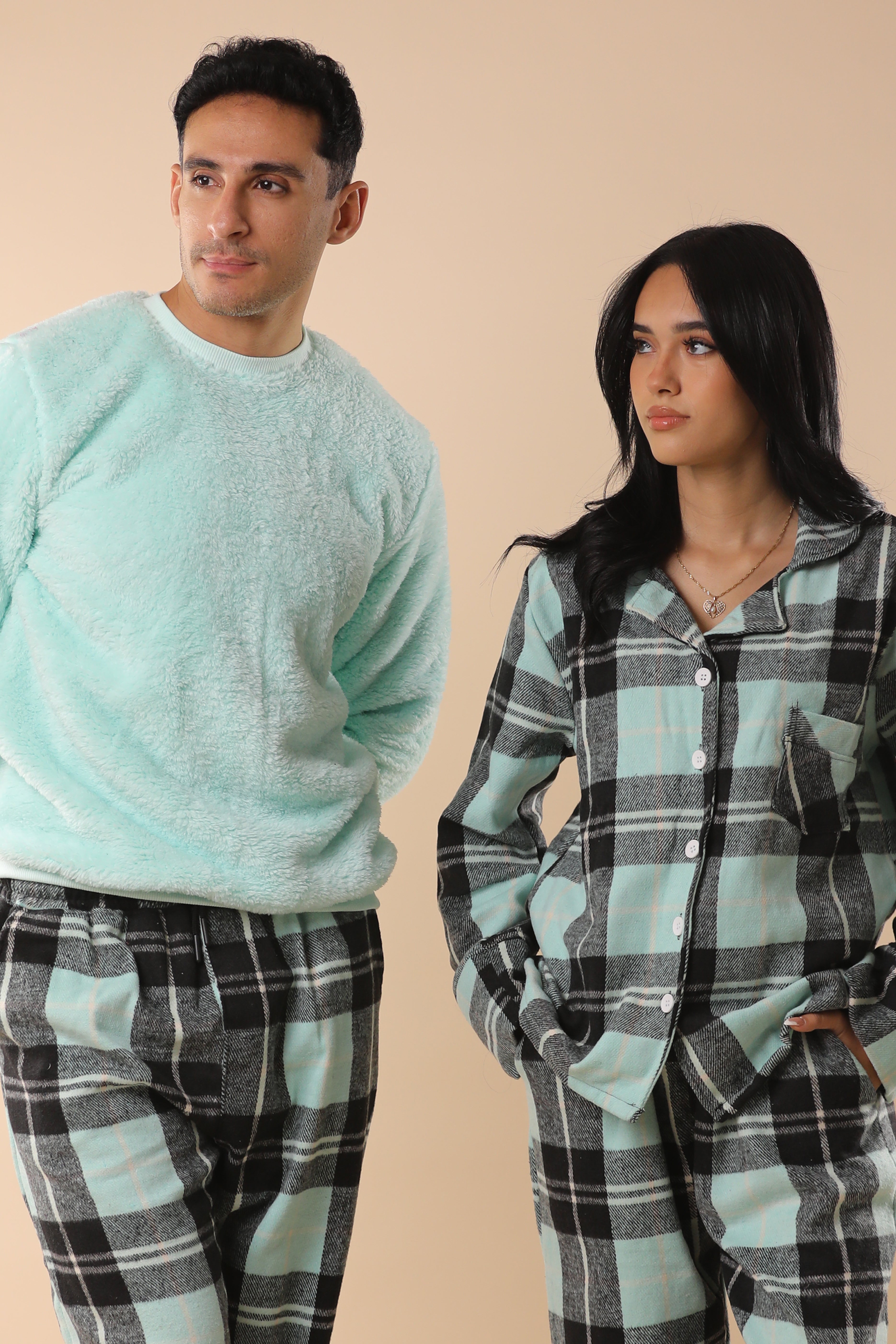 Mint Green & Black Plaid PJs Couple Set 1