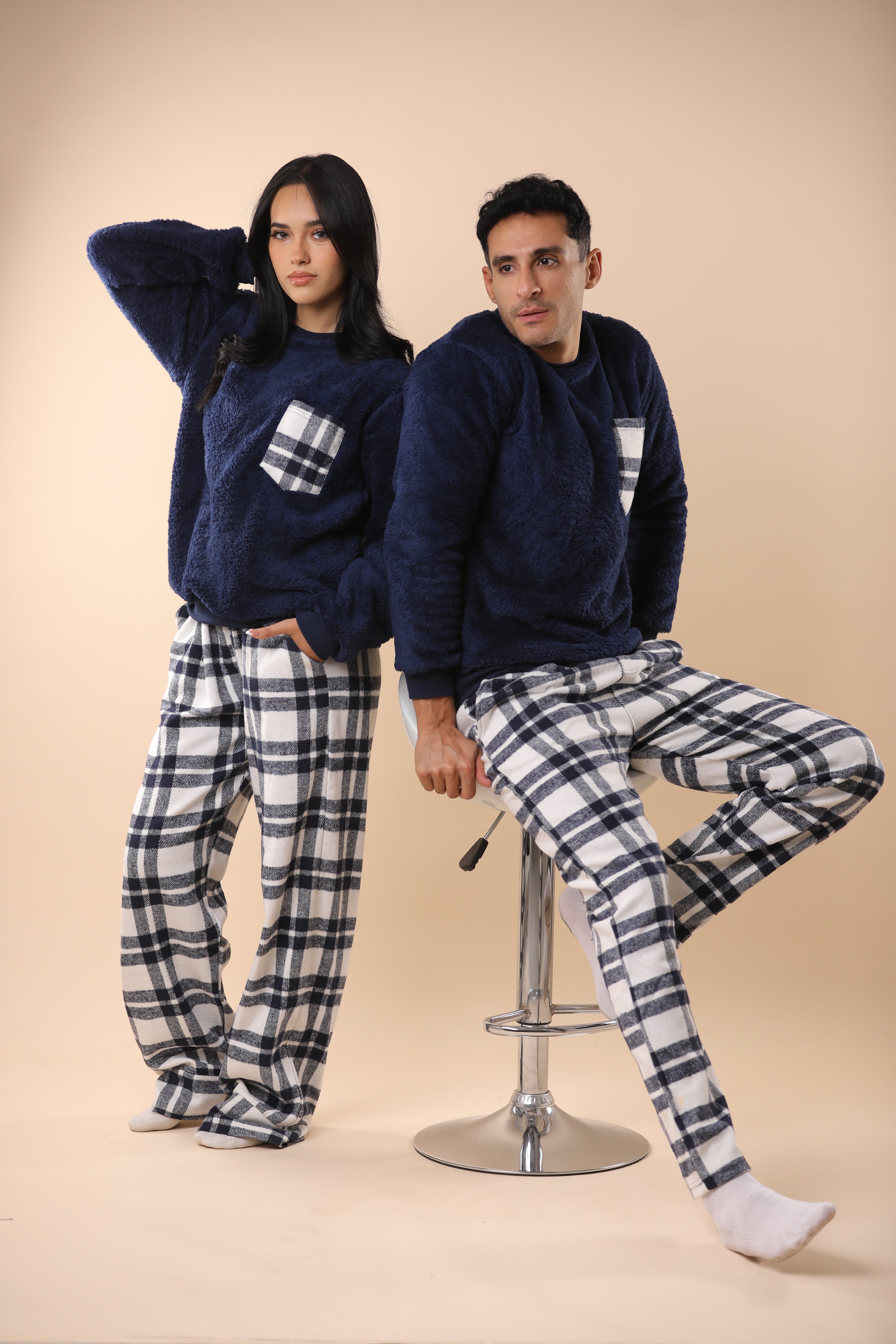 Dark Blue Plaid PJs Couple Set 3