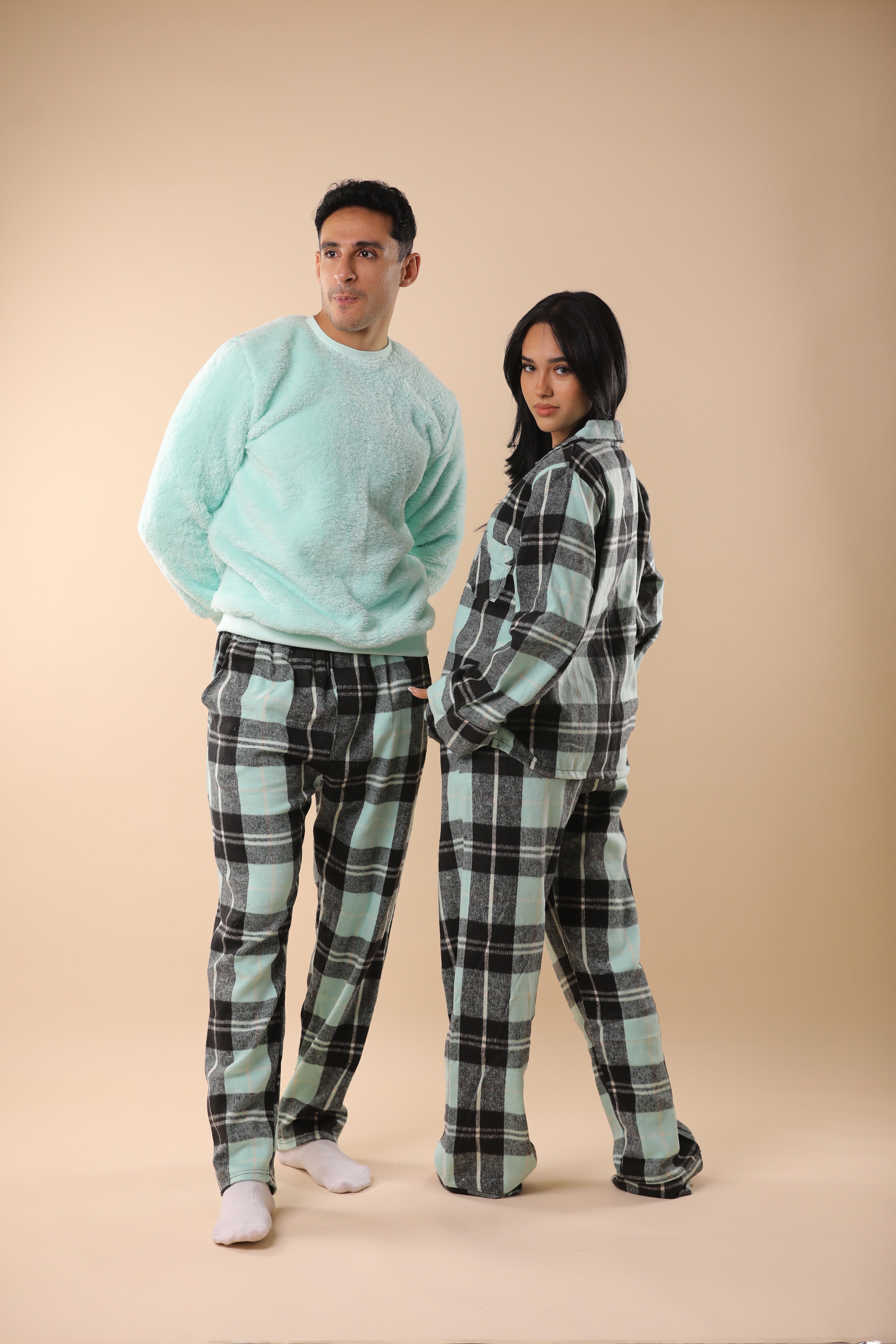 Mint Green & Black Plaid PJs Couple Set 1